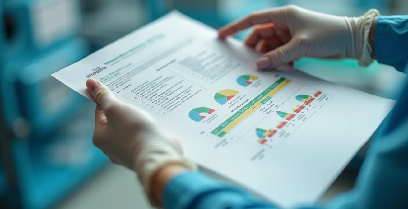 Manos profesionales revisando resultados de análisis con textura macro de documentos médicos