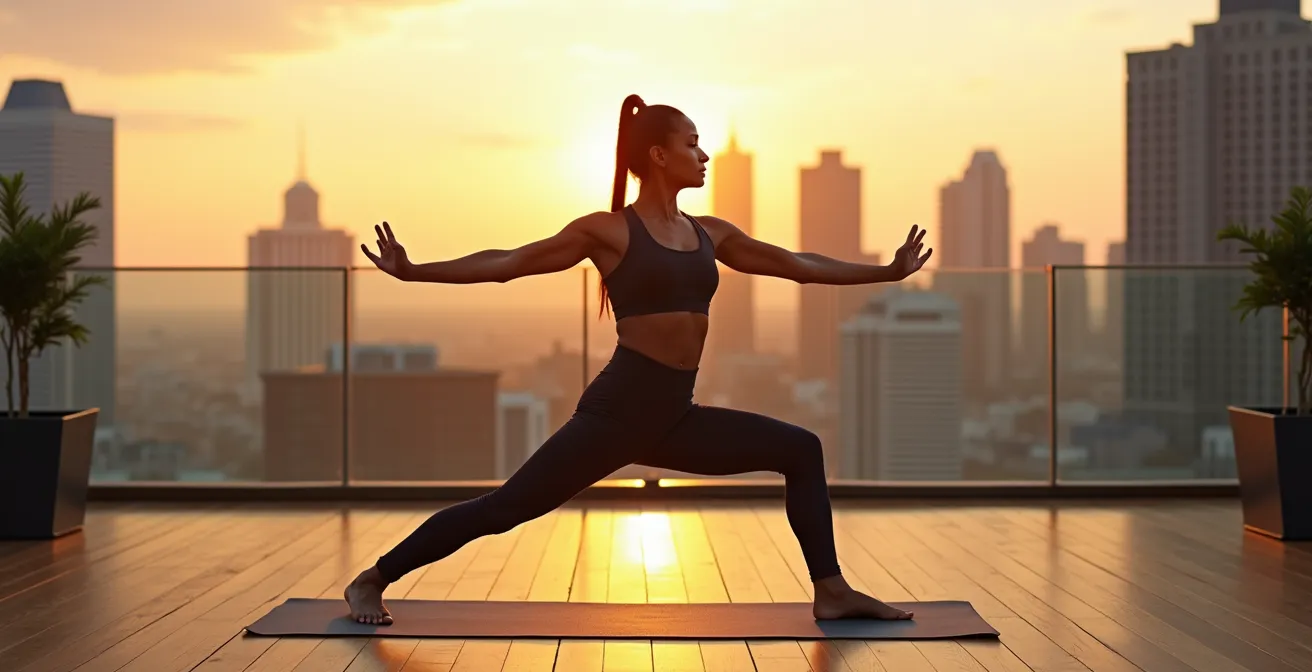 Profesional autónomo practicando yoga en una terraza con una vista urbana al amanecer, simbolizando el equilibrio entre trabajo y bienestar.