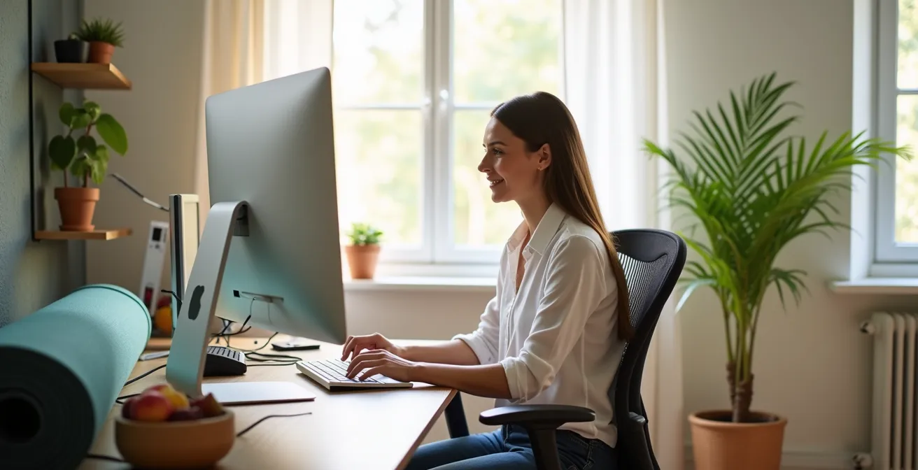 Espacio de trabajo de autónomo con elementos de bienestar y salud