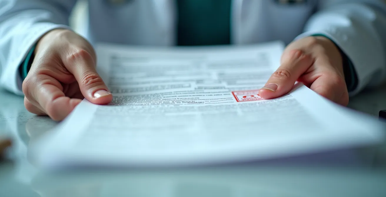 Manos sosteniendo documentos médicos importantes con sello de fecha visible de forma borrosa