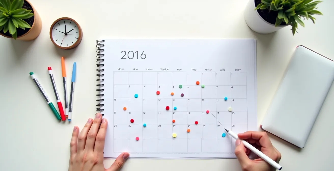 Vista cenital de calendario con marcadores de colores para fechas médicas