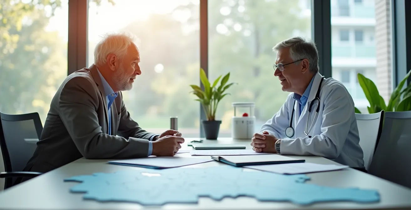 Profesional de salud asesorando a adulto mayor sobre vacunas de viaje en centro especializado