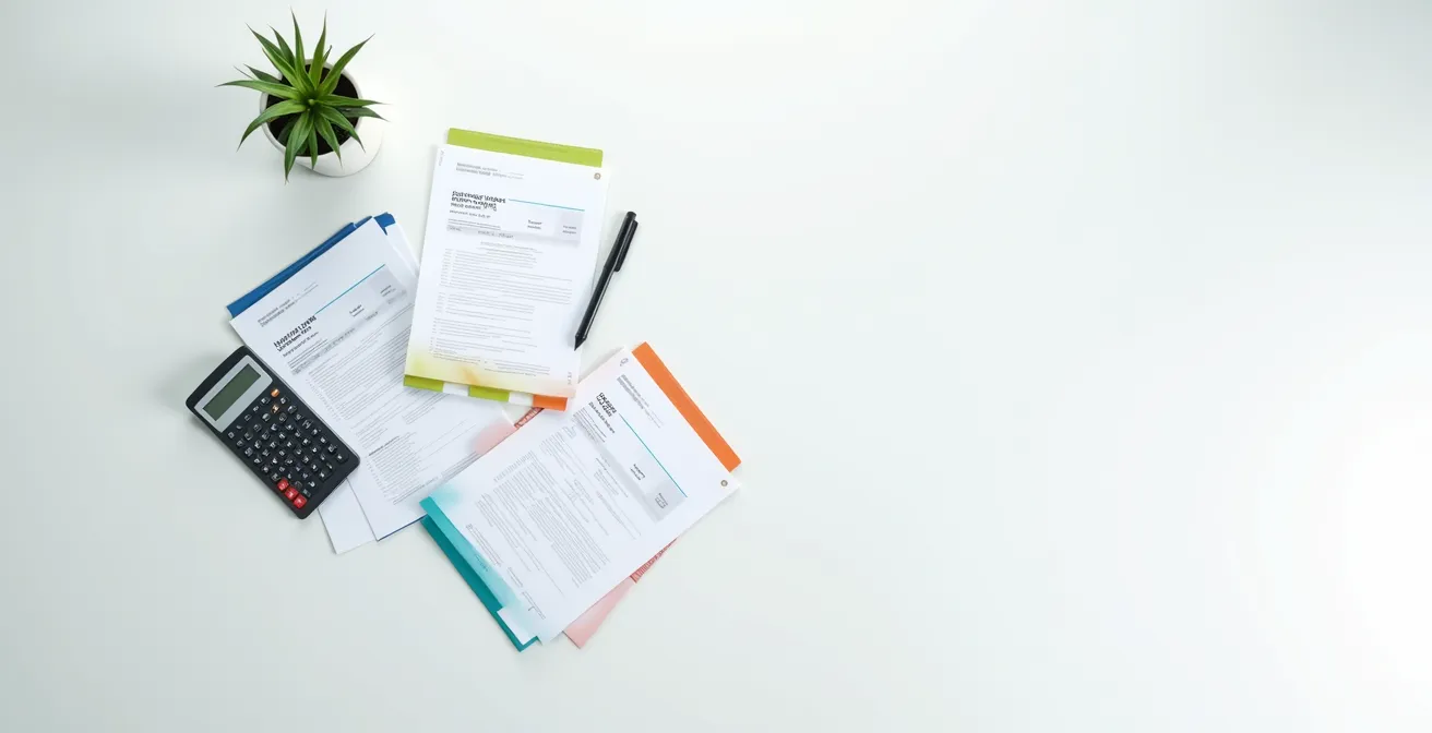 Vista aérea minimalista de documentos de seguro dental organizados sobre mesa