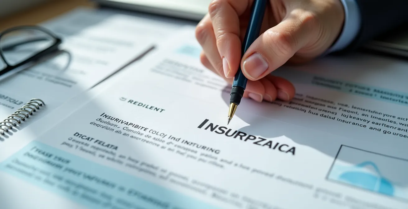 Mesa de trabajo ordenada con varios documentos de seguros, donde unas manos revisan cuidadosamente las cláusulas de un contrato, simbolizando un proceso de transición meticuloso.