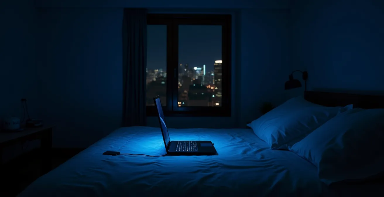 Habitación oscura con resplandor azul tenue desde dispositivos apagados