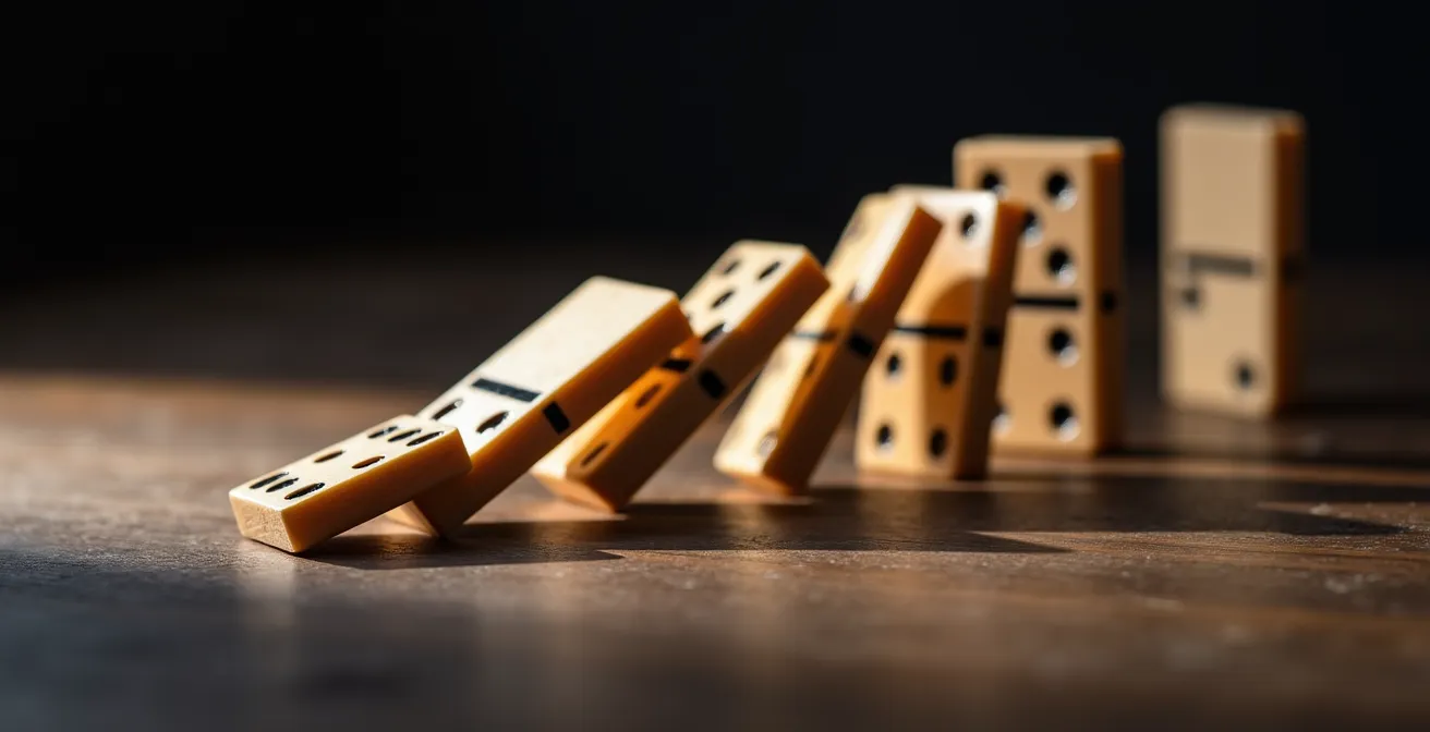Fichas de dominó cayendo en cadena representando el impacto de cotizar por la base mínima