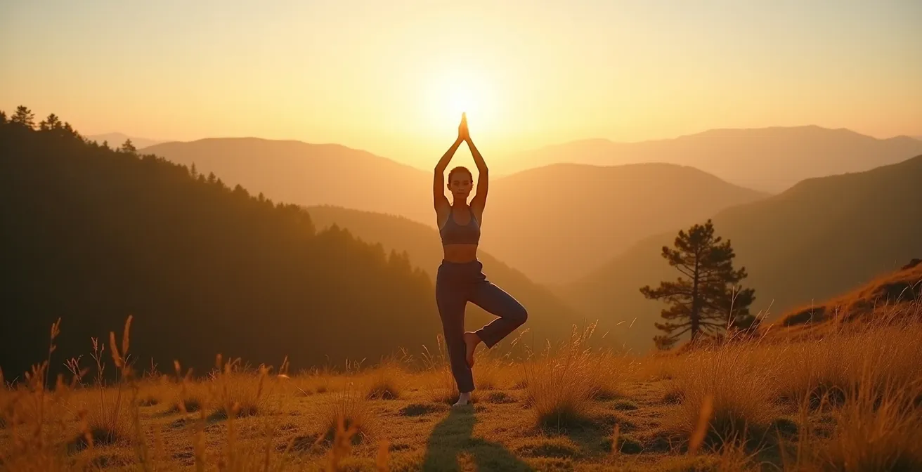 Persona practicando yoga al aire libre en entorno natural