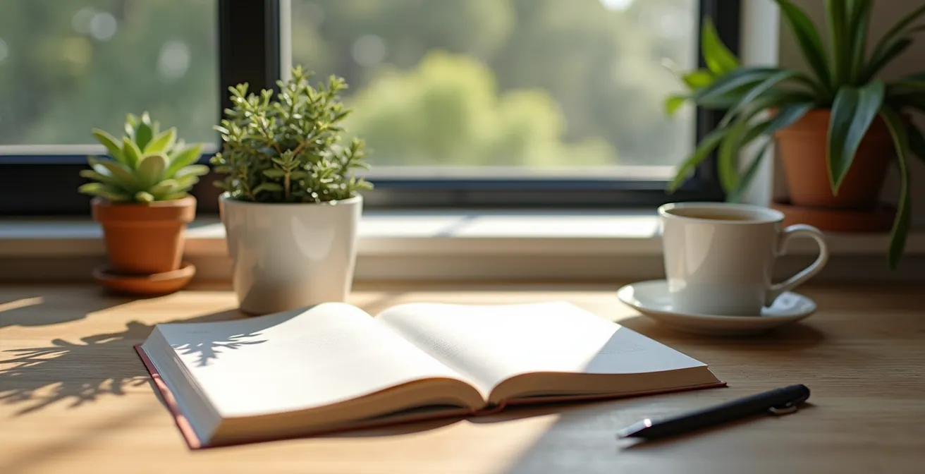 Escritorio minimalista con elementos naturales sin tecnología visible