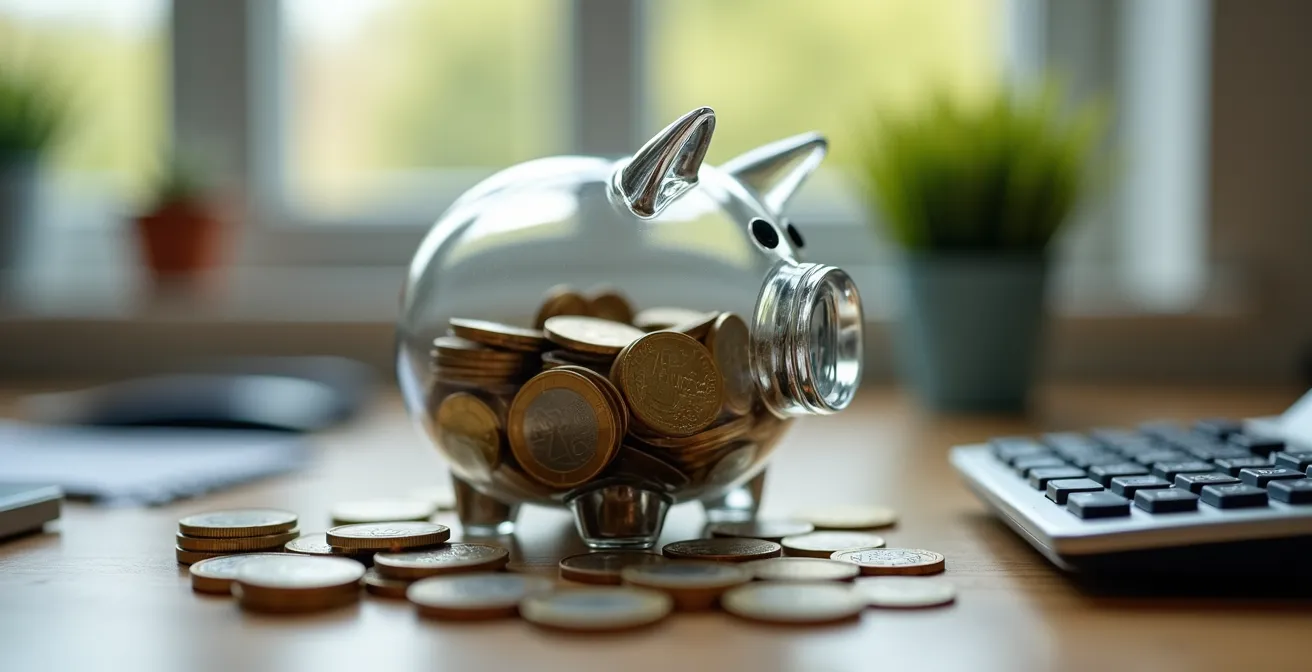 Hucha transparente con monedas y calculadora mostrando cifras de ahorro