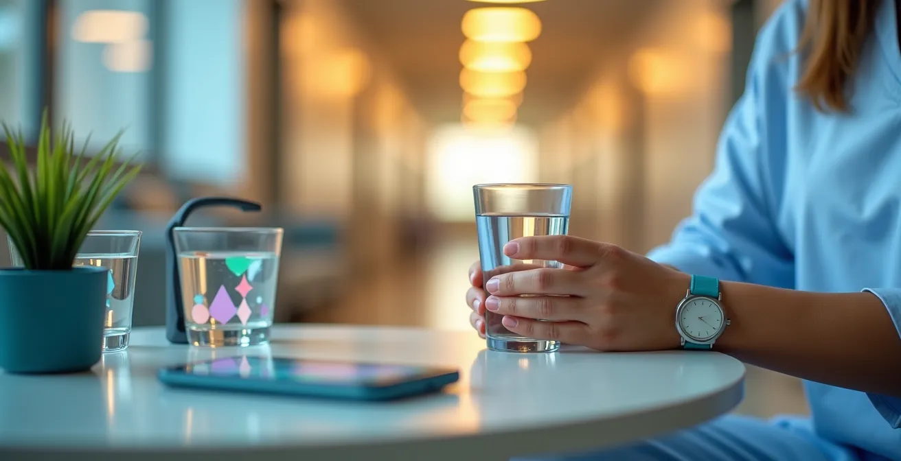 Paciente en sala de preparación prequirúrgica con elementos de hidratación permitidos