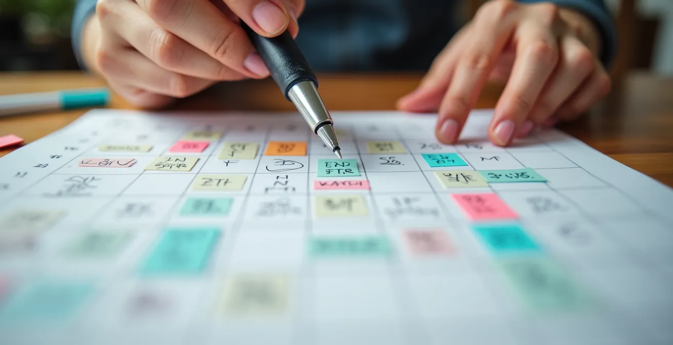 Manos organizando calendario médico con múltiples opciones marcadas