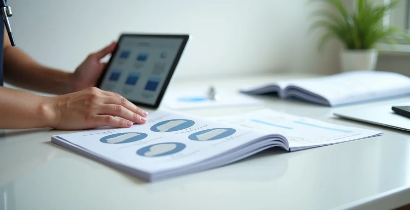 Manos organizando carpetas digitales de historial médico en tablet con documentos médicos alrededor