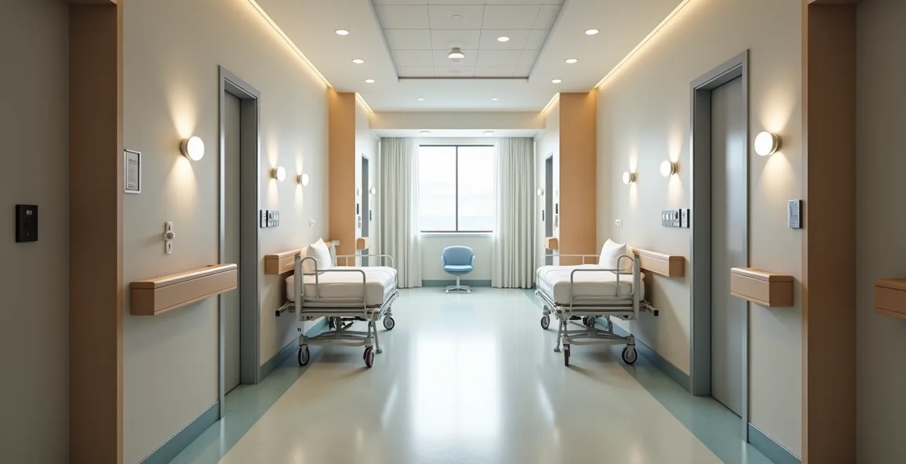 Habitación hospitalaria con elementos de seguridad para prevención de caídas en adultos mayores