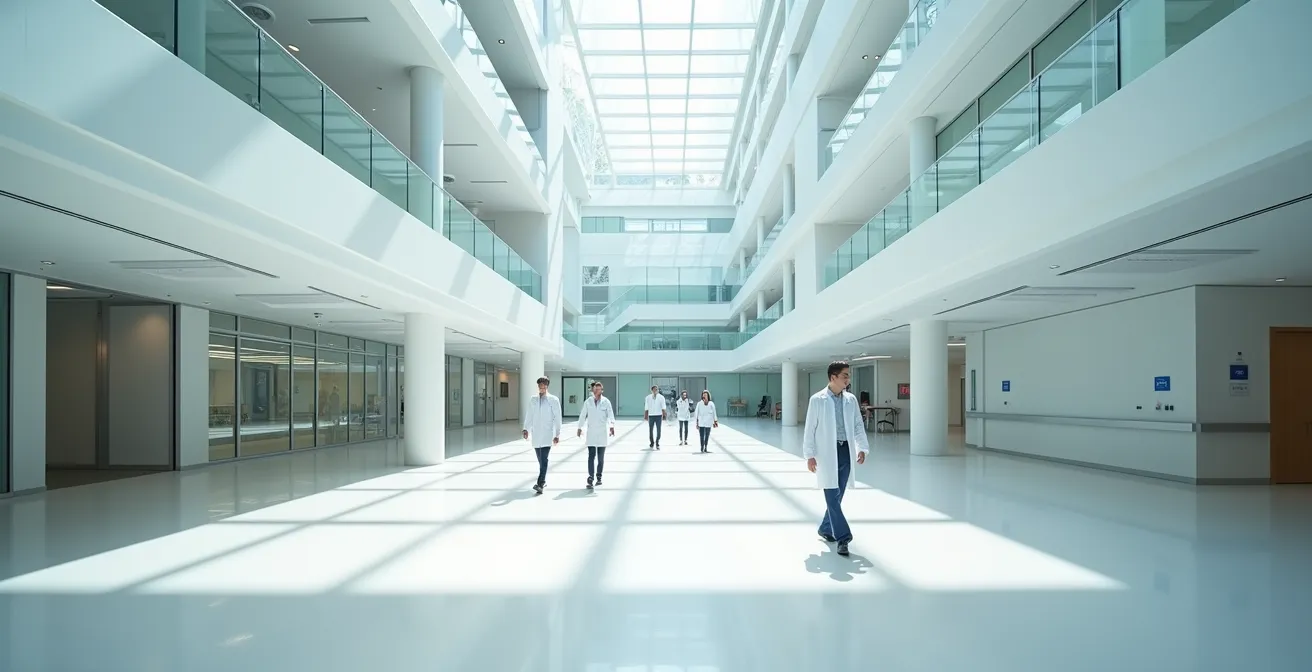 Interior moderno de hospital universitario con equipamiento de investigación