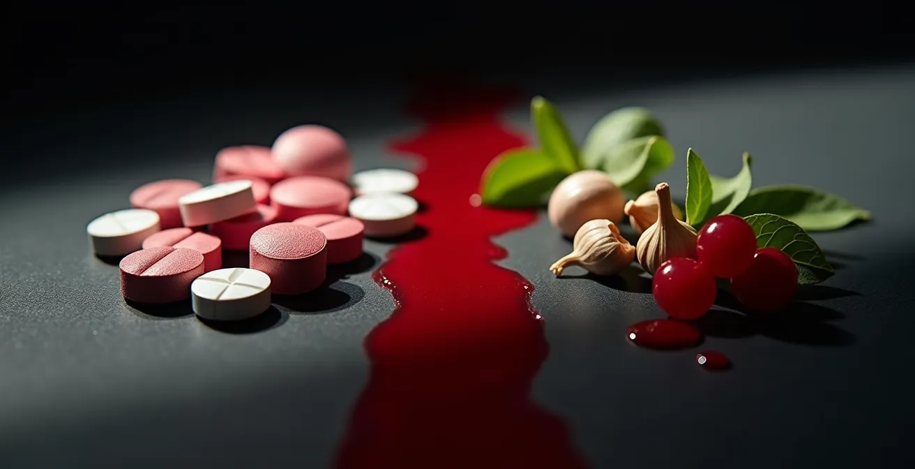 Representación visual de interacciones peligrosas entre medicamentos y suplementos