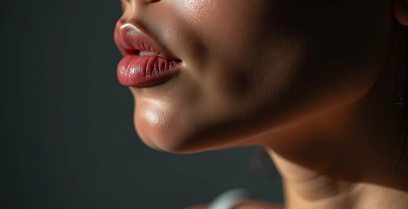 Vista macro de músculos faciales y mandibulares mostrando zonas de tensión