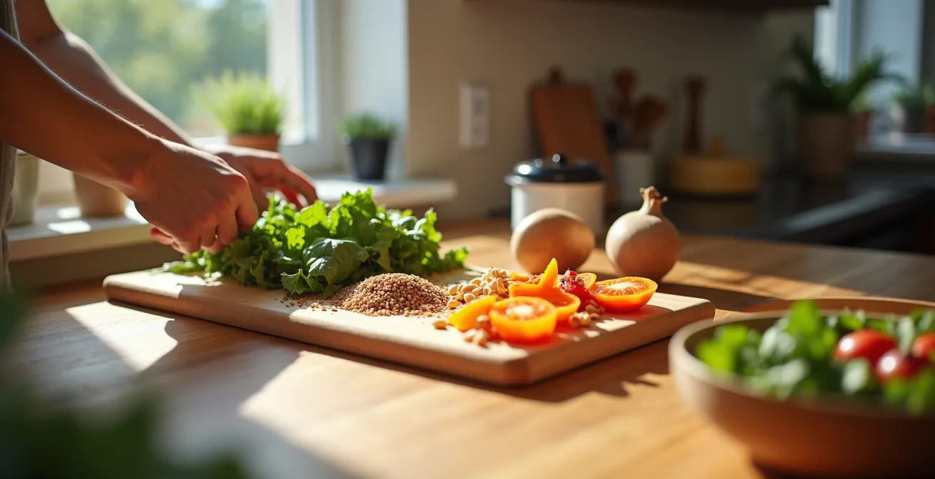 Manos preparando ingredientes frescos y coloridos en una cocina luminosa, simbolizando el control y el placer de comer sano.