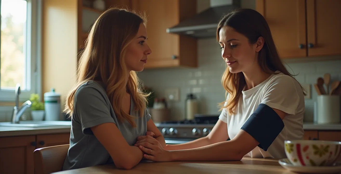 Persona tomando correctamente su presión arterial con tensiómetro de brazo en posición adecuada