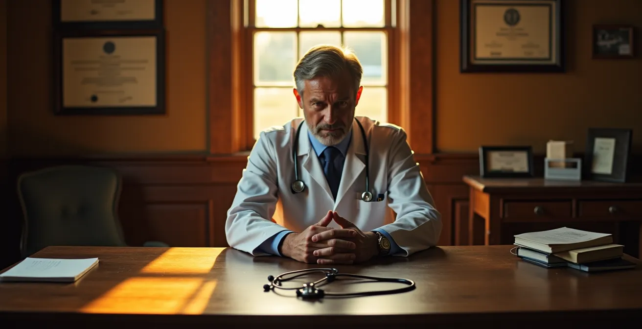 Médico rural reflexionando ante documentos médicos en su consulta