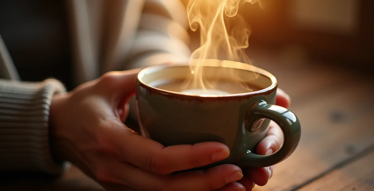 Detalle macro de manos preparando té matutino como ritual de autocuidado