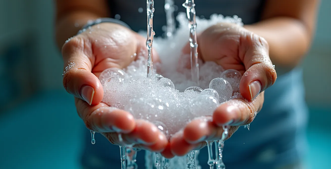 Fotografía macro de manos bajo el agua con burbujas de jabón creando patrones abstractos