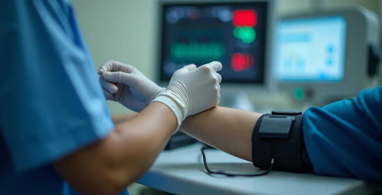 Profesional sanitario evaluando signos vitales de paciente postoperatorio
