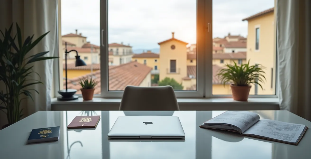 Persona trabajando remotamente con vista a paisaje urbano español