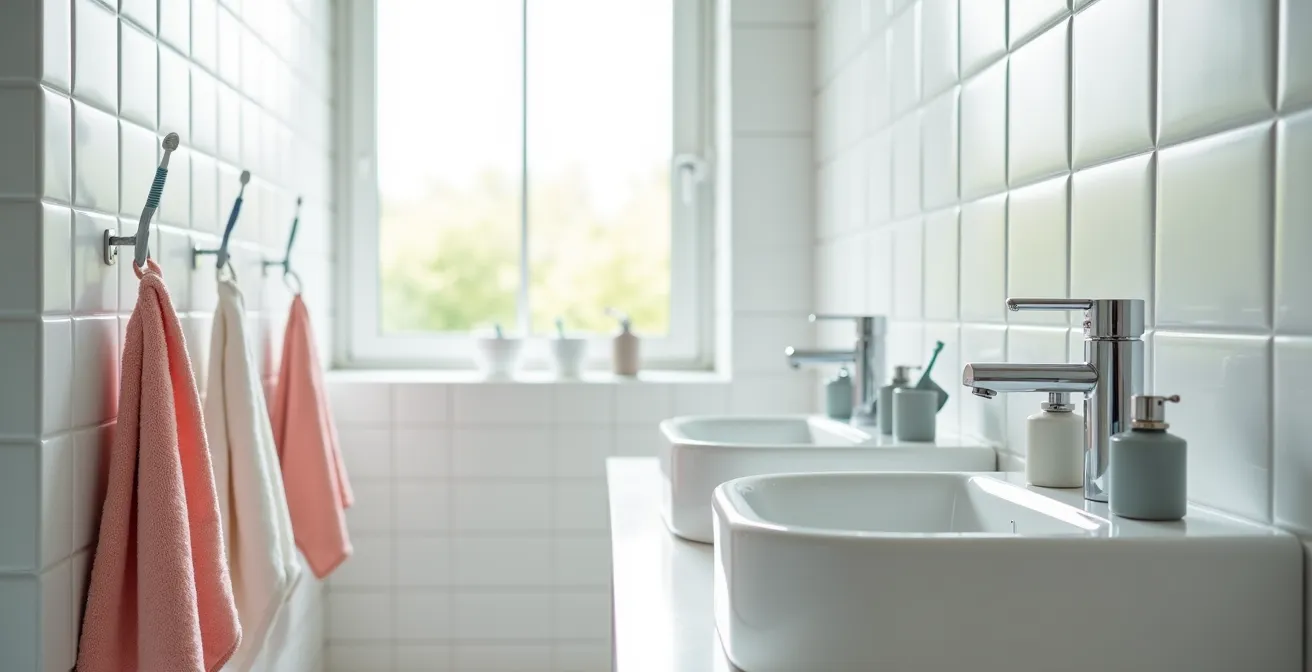 Organización preventiva del baño familiar con toallas y utensilios separados