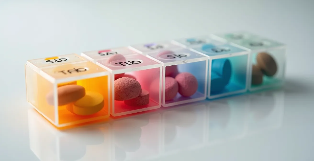 Vista macro detallada de un pastillero semanal organizado con compartimentos de colores