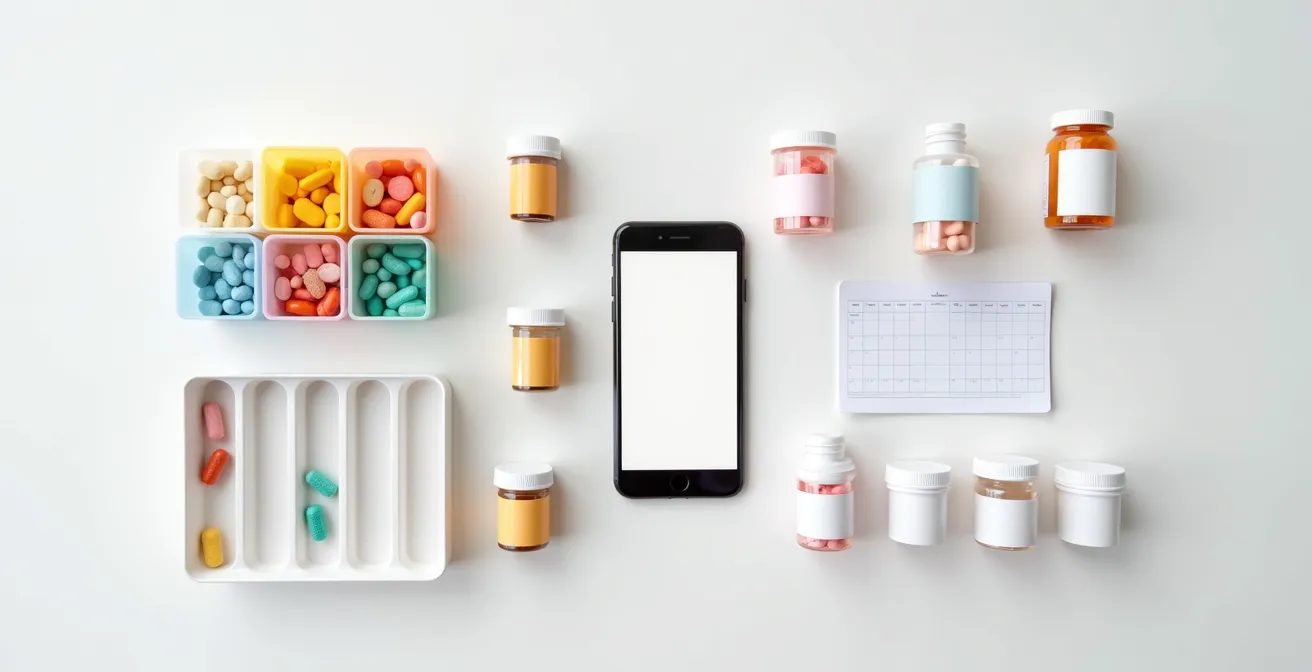 Vista cenital de sistema organizativo de medicamentos para paciente polimedicado