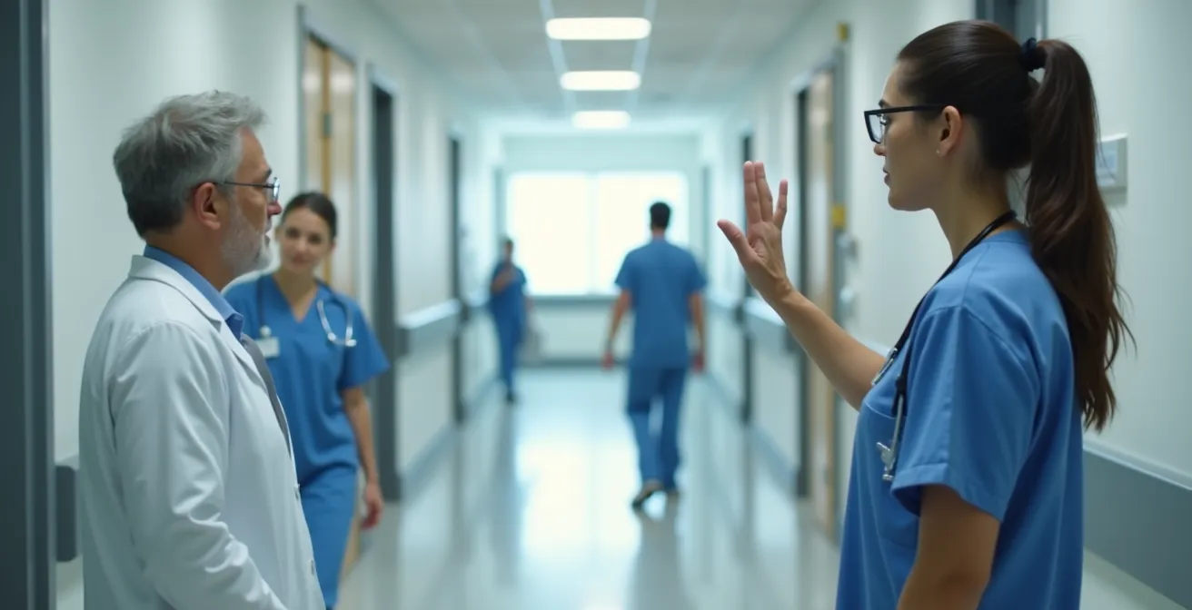 Paciente hablando con personal médico en espacio hospitalario
