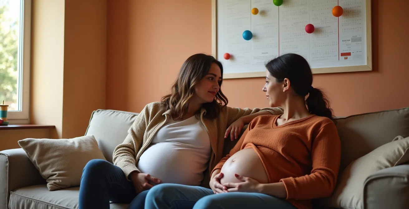 Pareja embarazada revisando calendario de citas médicas en su hogar