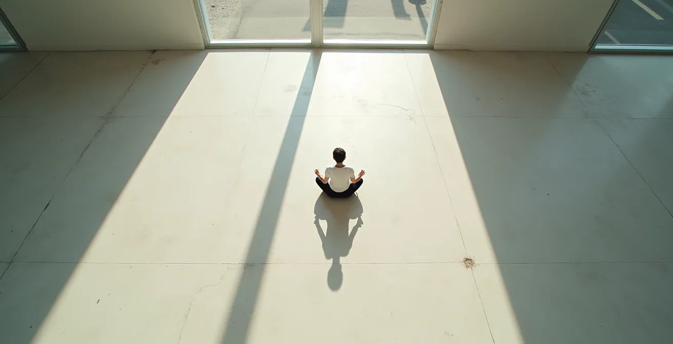 Vista cenital de una persona meditando en un espacio vacío con sombras geométricas