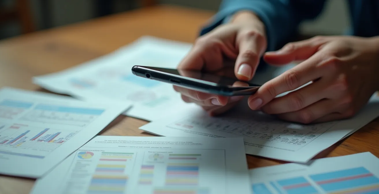 Manos sosteniendo un smartphone y gestionando documentos médicos de forma digital