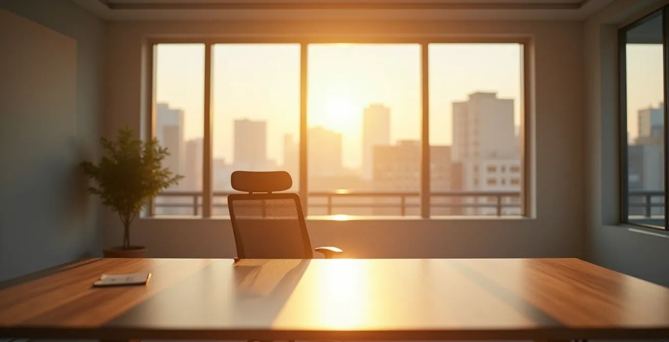 Oficina moderna con luz natural entrando por ventanas mostrando rayos UV