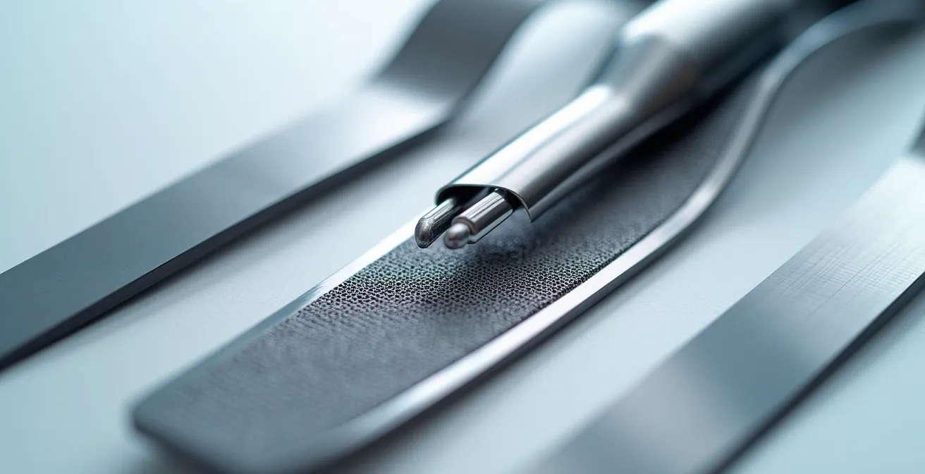 Vista macro detallada de implantes médicos y materiales quirúrgicos sobre superficie estéril