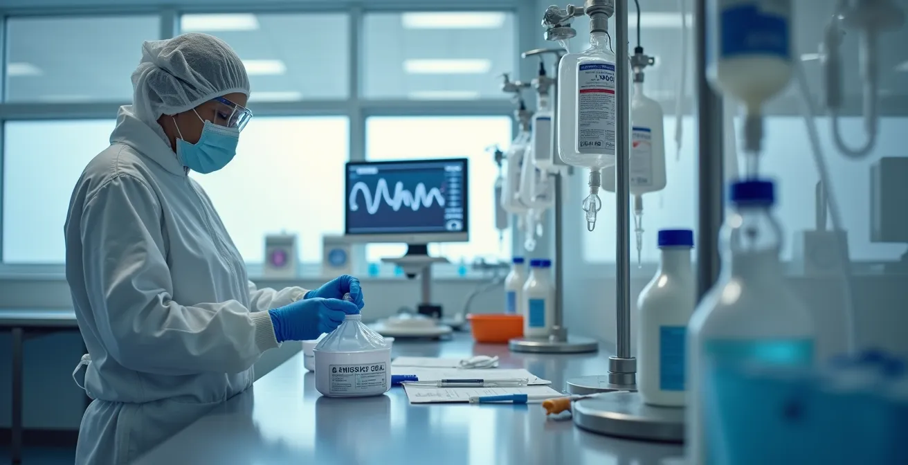 Profesional sanitario preparando contraste intravenoso con protocolo de seguridad visible