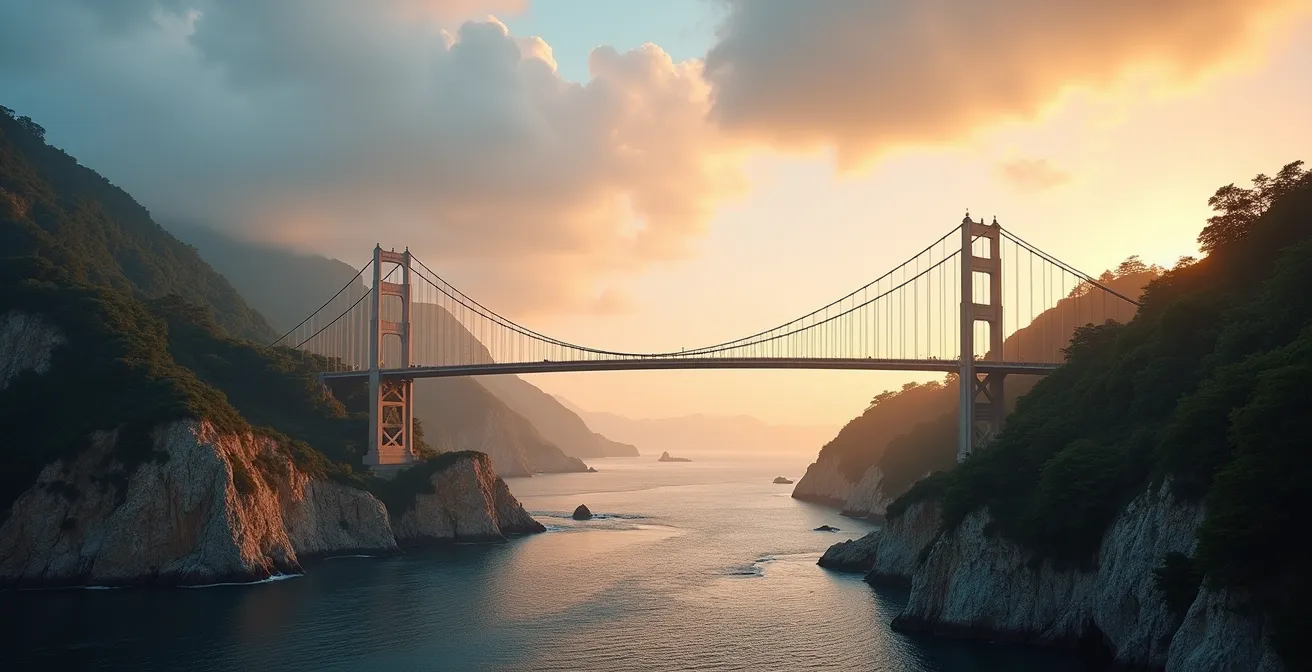 Puente moderno conectando dos acantilados representando el subsidio como conexión vital para la jubilación