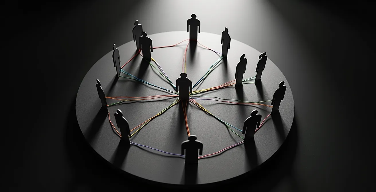 Red de rastreo de contactos mostrando conexiones anónimas entre personas sin revelar identidades