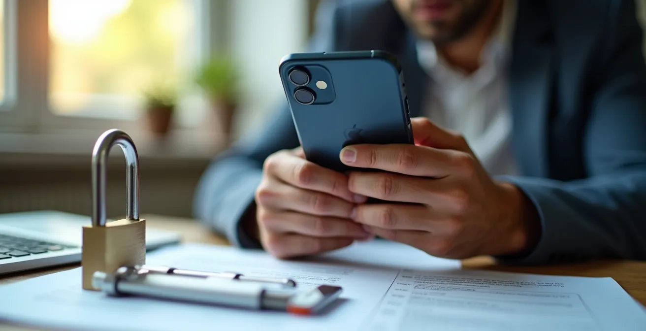 Manos sosteniendo un smartphone con candado digital y documentos médicos al fondo