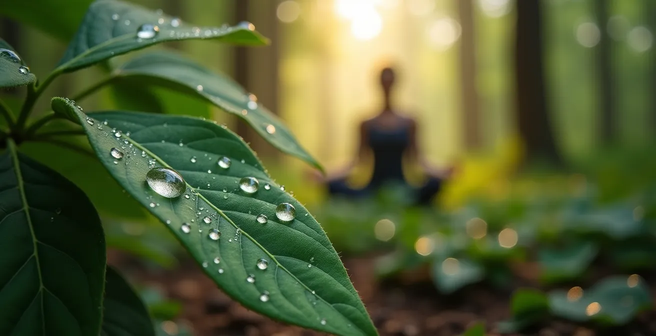 Persona meditando en entorno natural con vista macro de hojas