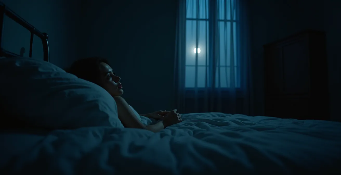 Dormitorio nocturno con persona desvelada mirando reloj digital a las 3 AM