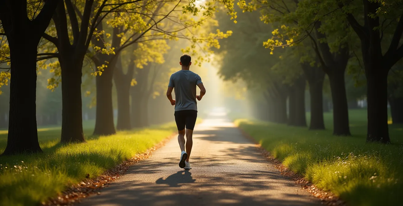 Persona iniciando caminata matutina de 15 minutos en parque urbano