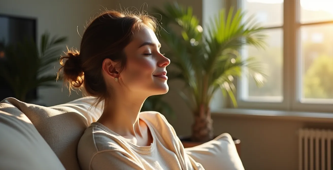 Salón con amplios ventanales y luz matutina creando un ambiente saludable