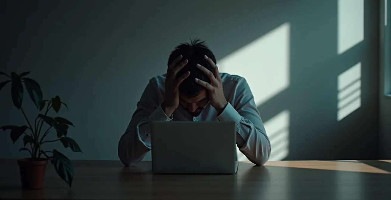 Trabajador mostrando signos de agotamiento extremo y despersonalización en ambiente laboral