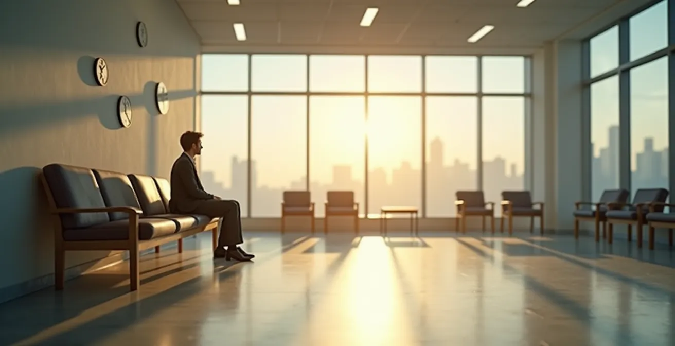 Persona contemplando decisión médica importante con elementos simbólicos de tiempo y salud