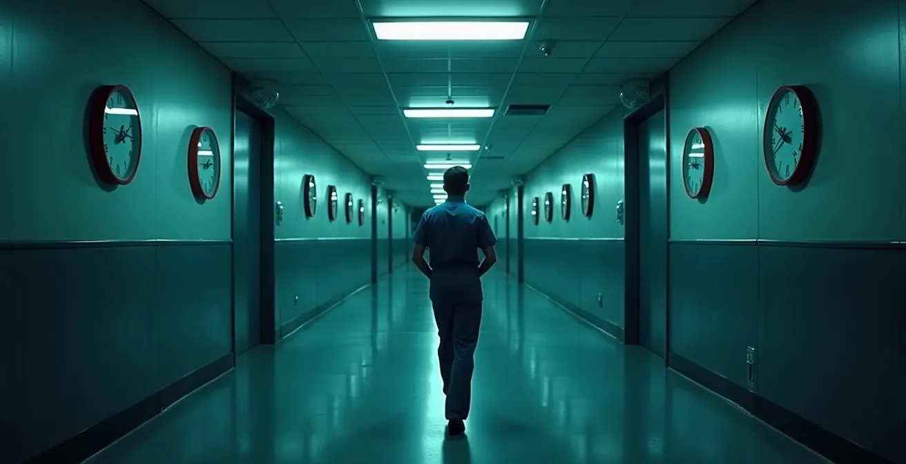 Ambiente nocturno minimalista con elementos que sugieren el trabajo por turnos y la gestión del tiempo