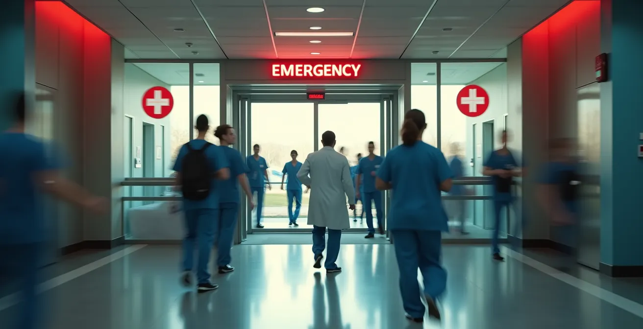 Vista exterior de entrada de urgencias hospitalarias con señalización abstracta