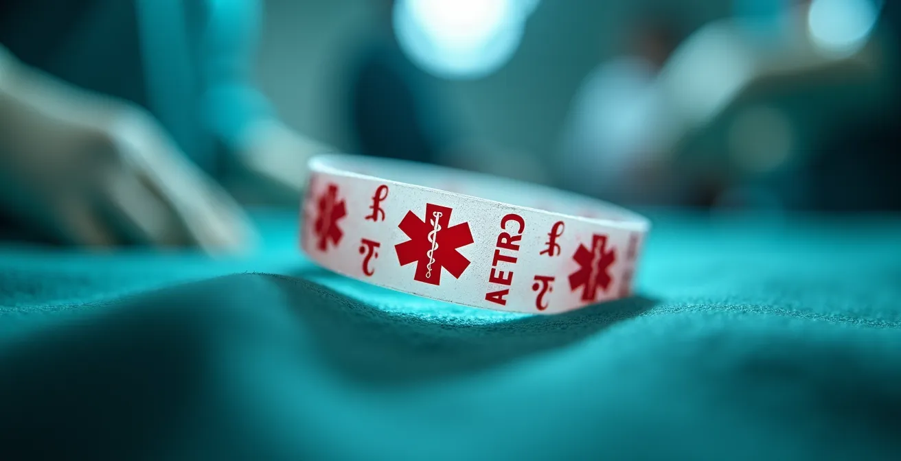 Detalle macro de etiqueta de grupo sanguíneo en contexto quirúrgico