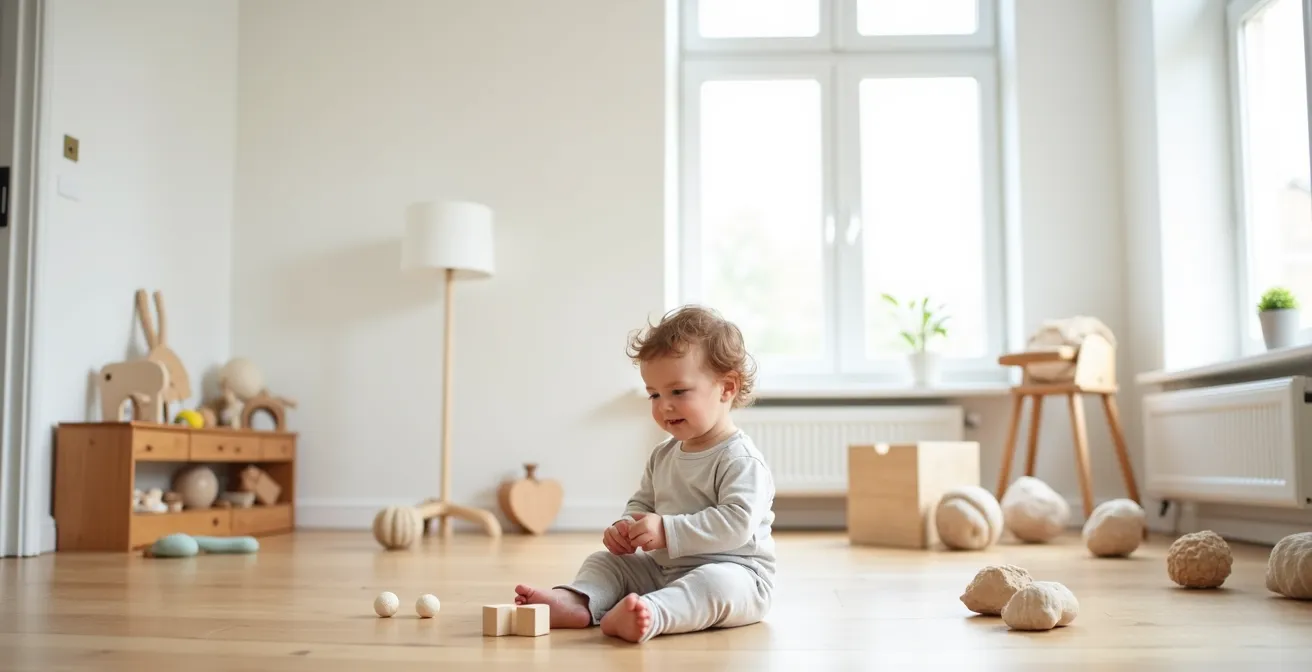 Niño pequeño explorando libremente juguetes sensoriales en ambiente minimalista